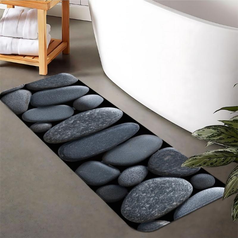 Realistic 3D Gray Pebble Stone on Black Floor Mat, Non-Slip Washable Rug for Kitchen, Entryway, Balcony, Bathroom Living Room