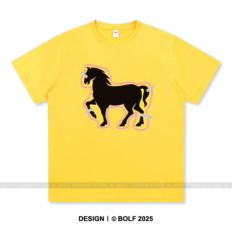 Women's Paper-Cut Art Horse Printed T-Shirt 100% Cotton Oversized Folk Graphic Tees for Men Summer Tops Cultural Streetwear