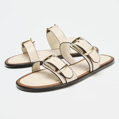 Fashion Comfortable Beige Soft Leather Flat Sandals Women Fashion Metal Buckle Designer Shoes Summer Sexy Open Toe Non Slip Beach Shoes