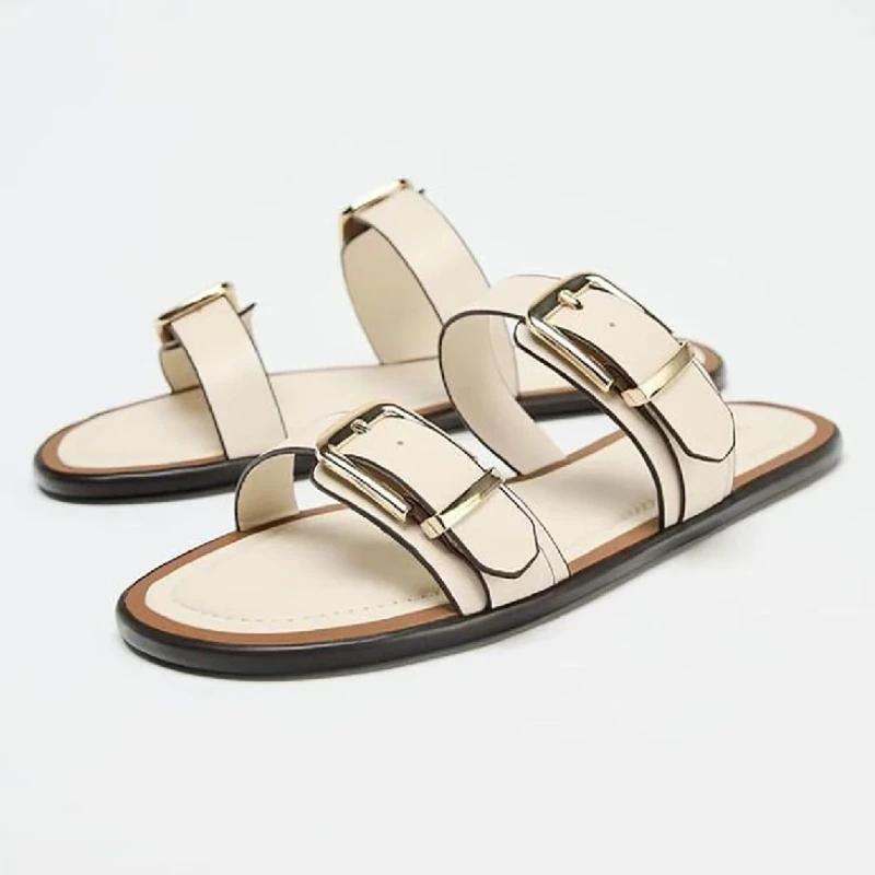 Fashion Comfortable Beige Soft Leather Flat Sandals Women Fashion Metal Buckle Designer Shoes Summer Sexy Open Toe Non Slip Beach Shoes