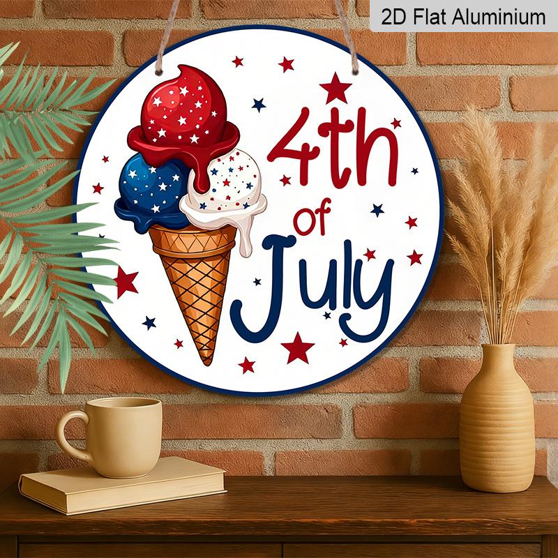 2D Flat 1pc Aluminum Independence Day Patriotic-Themed Ice Cream Wall Decor, 7.87 inches x 7.87 inches Suitable for hanging on front doors, porches