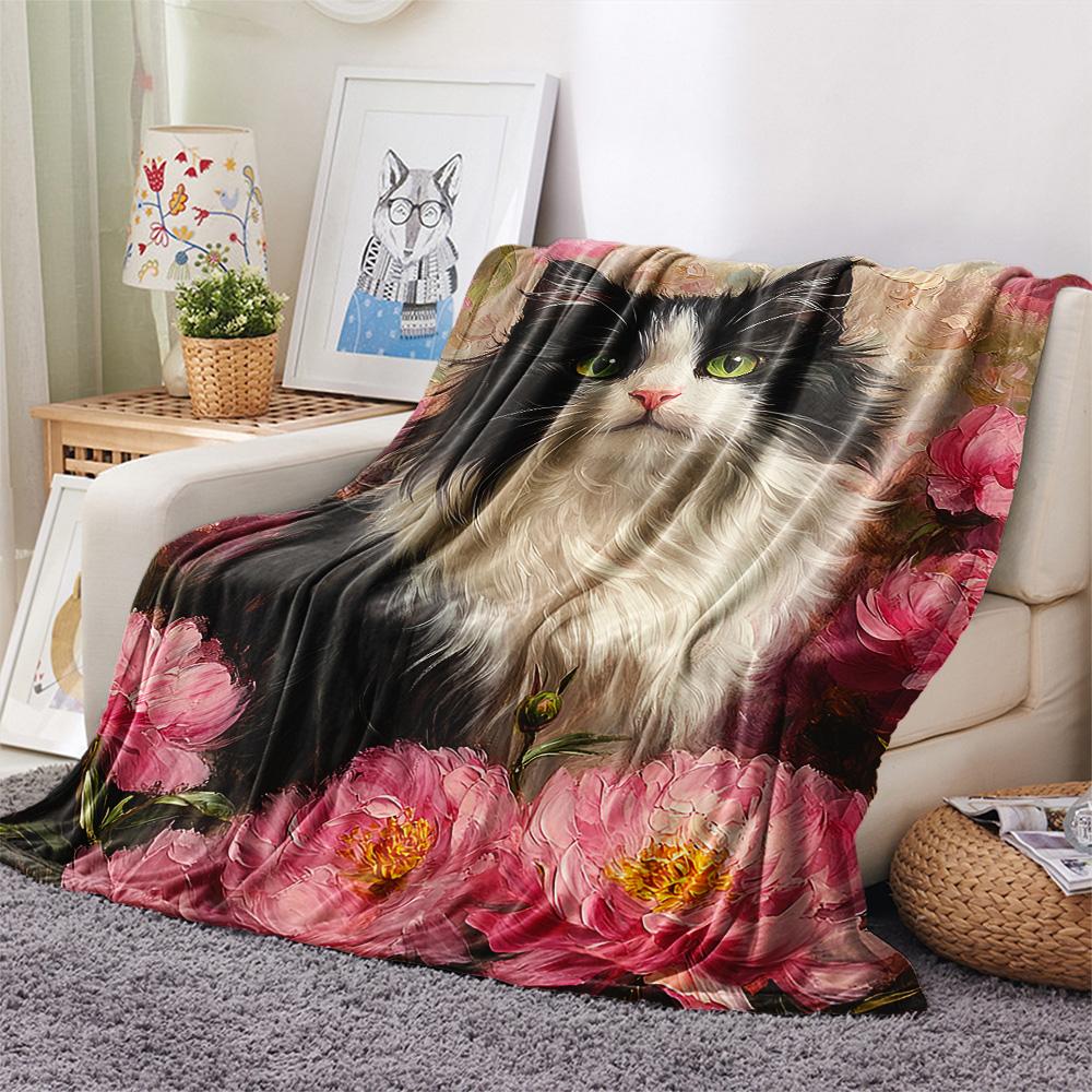 Weiße Katzen-Print Flanelldecke, Hohe Qualität, Bequem für alle Jahreszeiten, Heimdekoration, Wärme und Komfort, Perfekt für Weihnachtsgeschenke