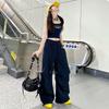 Retro Black Overalls Women's Autumn New Vertical Pocket Lazy Wide-leg Casual Quick-drying Sweatpants