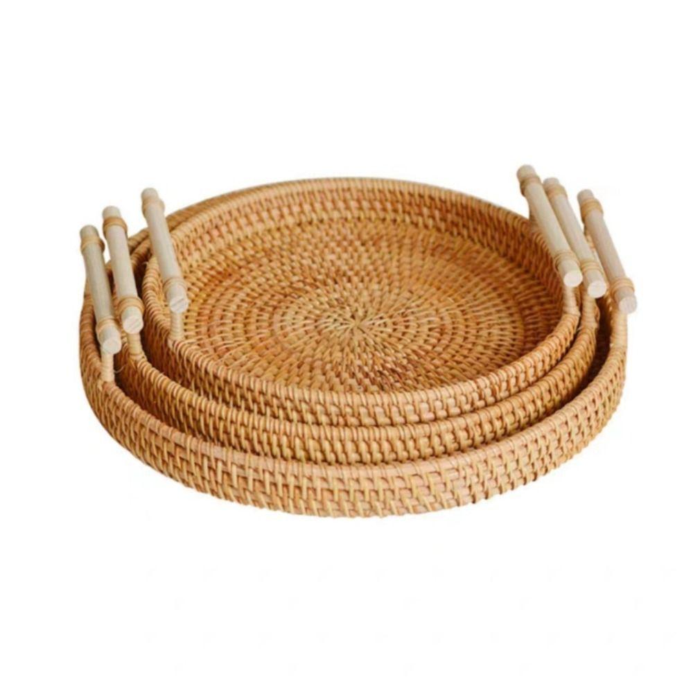 Handwoven Handmade Rattan Tray Round Shape Eco-Friendly Wicker Serving Tray with Handles Large Capacity Food Storage Basket