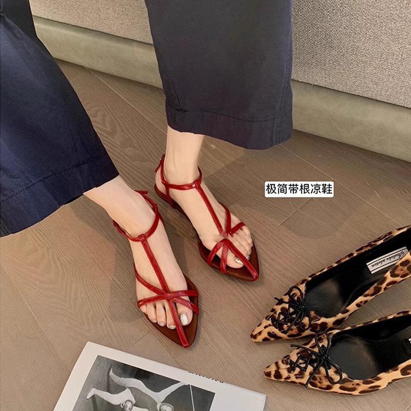 Sheepskin Version~ Retro Leather Cross Strap Roman Sandals Women's Summer Wear French Small Wedge Heel Pointed Sandals