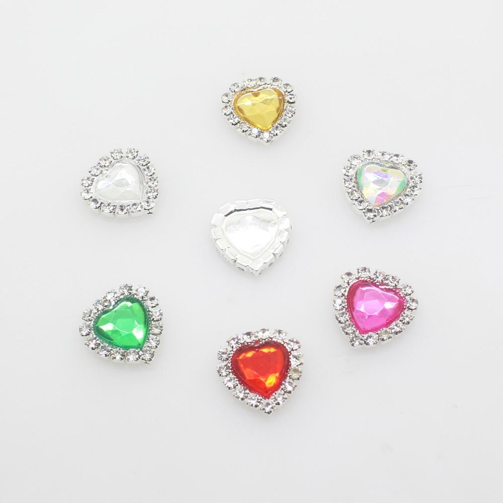 Mini 16mm(4/10 Inch) 10pcs Heart Acrylic Rhinestone Buttons DIY Hair Accessory Wedding Initiation Ribbon Decoration