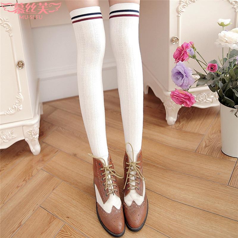 Girl Socks Long Socks Three Stripe Cotton Over Knee Thigh High Stockings