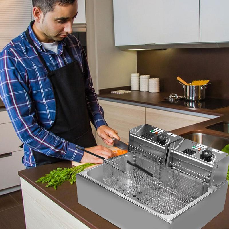 Deep Fryer Pot Electric 110V Commercial Double Stainless Steel Chicken Wings Fryers with Baskets and Temperature Control Kitchen