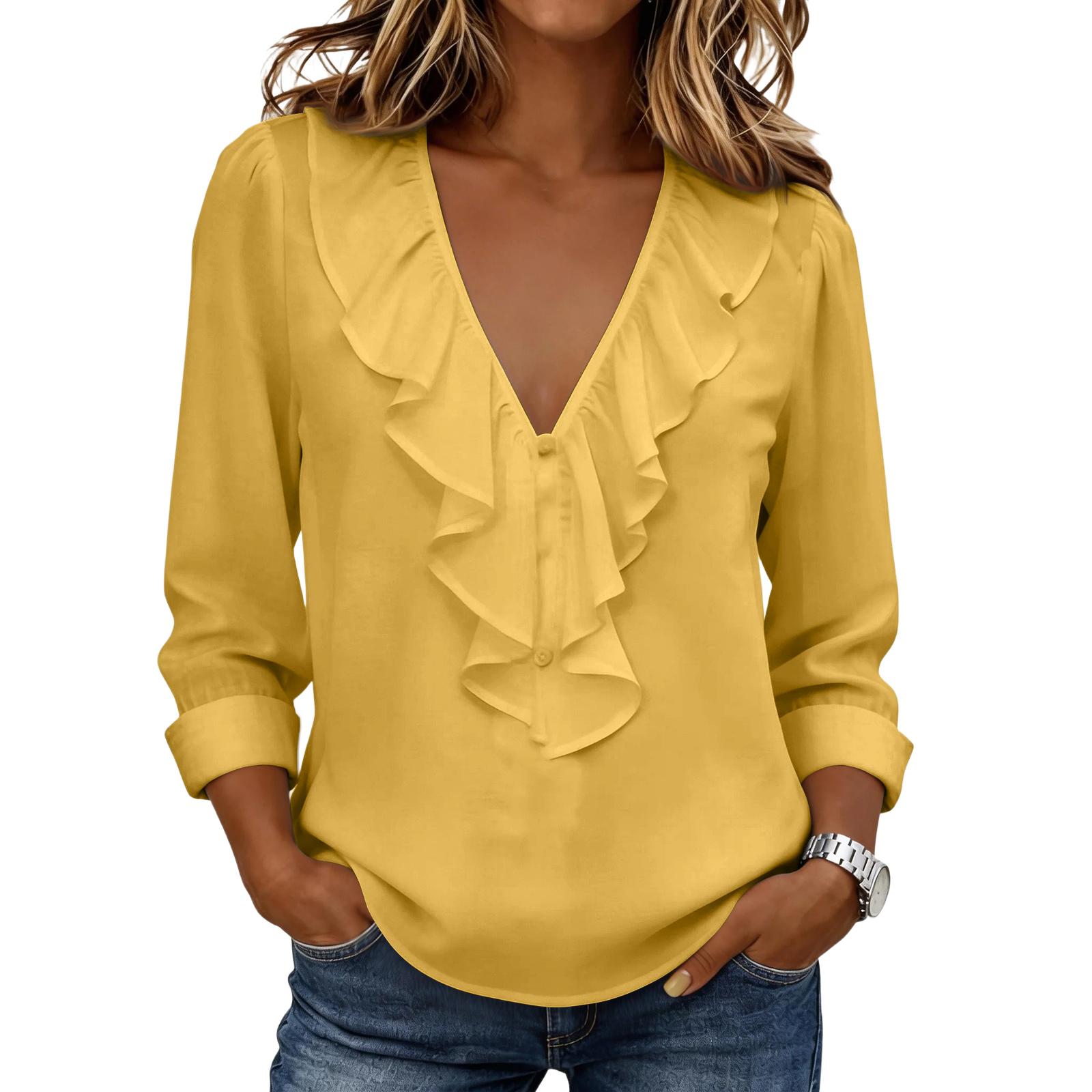 

Women s V-neck Shirt: Casual And Elegant Boho Color Lace T-Shirt Top XL жовтий