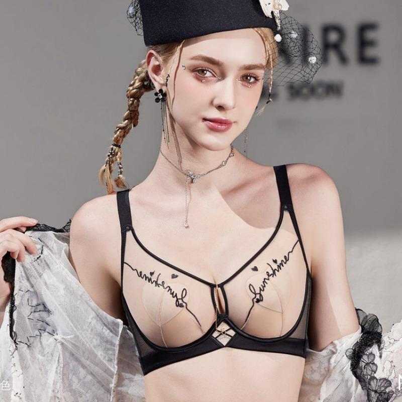 French Letter Embroidery Semi-transparent Mesh Heart Cup Bra Light and Thin Breast-revealing Small Memory Wire Support Bra