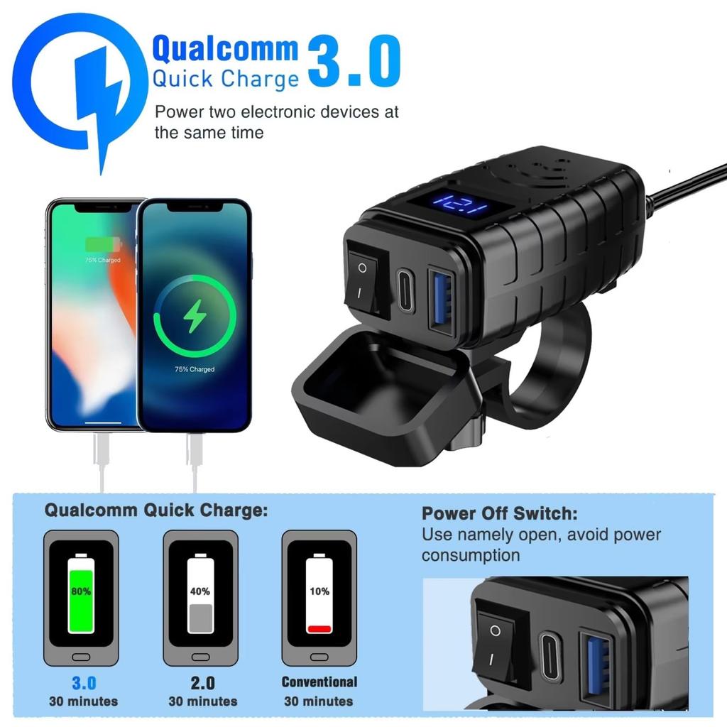 60W PD QC3.0 Motorcycle USB Fast Charger Handlebar Dual USB Socket with Switch Voltmeter Waterproof 12V Power Supply Adapter
