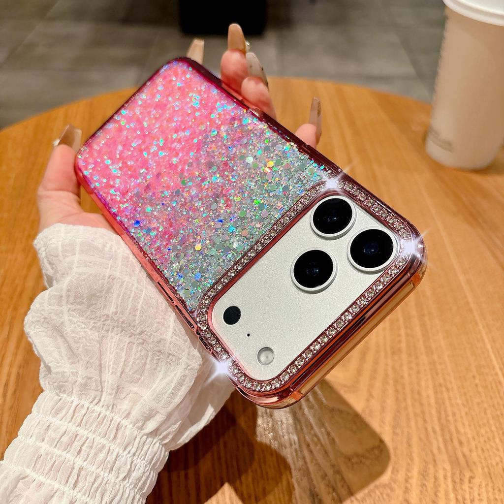 Rhinestone Lens Glitter Gradient Case for iPhone 17 Pro Max - Drop-proof, Electroplated Soft Protective Cover.
