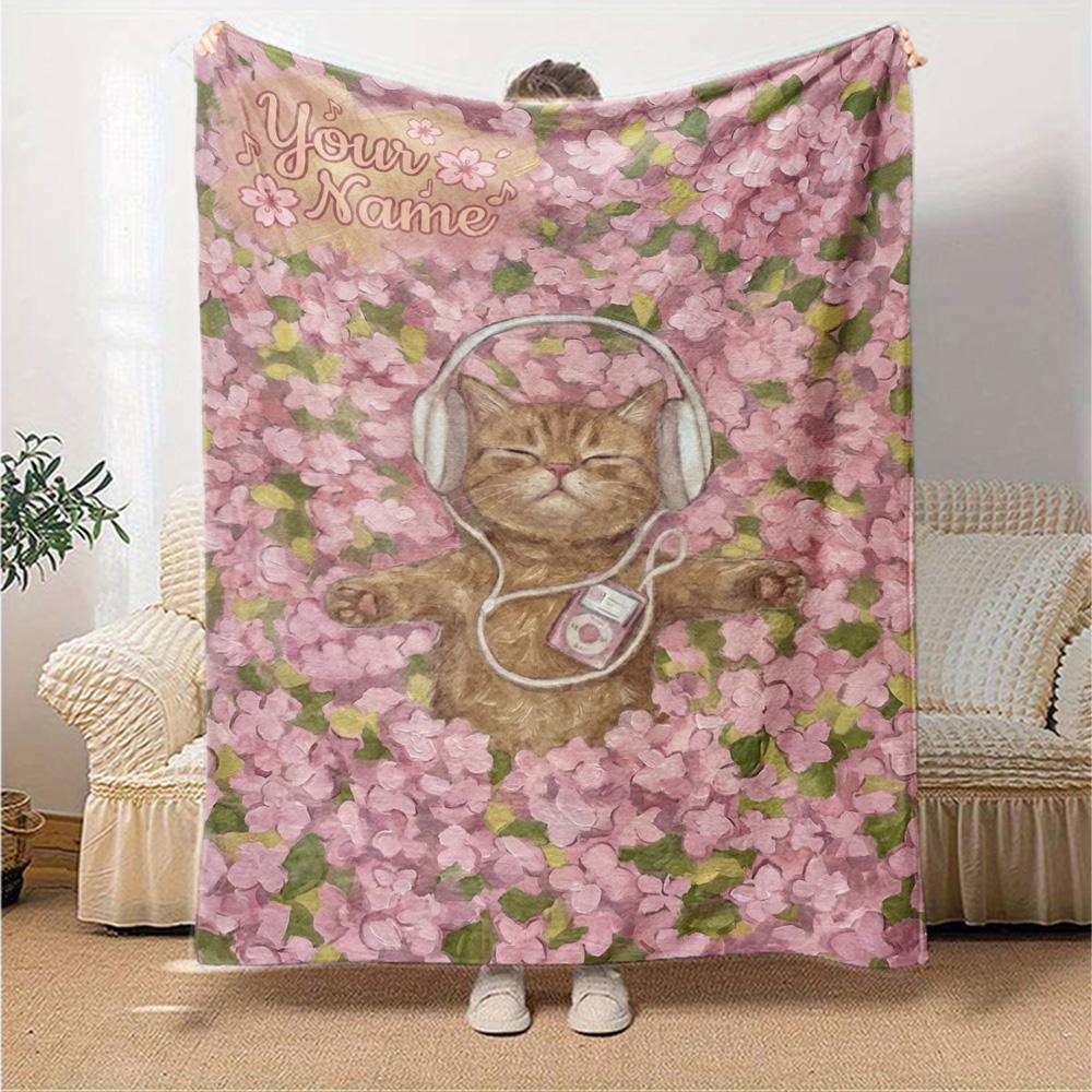 Name Custom Cute Cat Print Flannel Blanket High Quality Warm Comfortable Cover for All Seasons Perfect for Gifts Home Decor