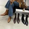 Korean version of square head slope heel soft leather short tube thin boots 2025 autumn and winter outer wear simple versatile commuter side zipper 