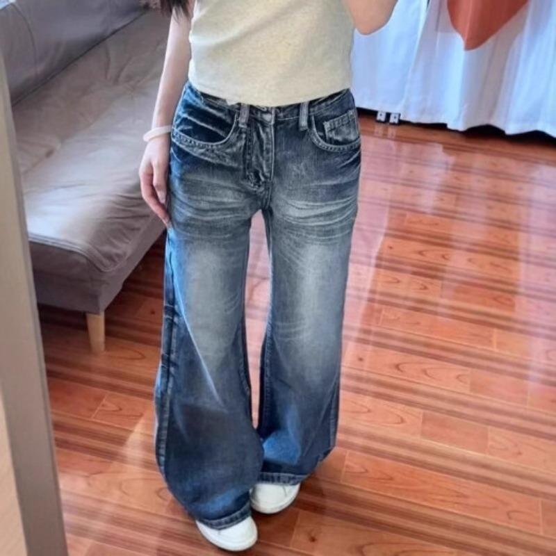 Washed old micro-pull jeans high waist retro wide-leg pants women s trousers trendy versatile pants casual pants new S