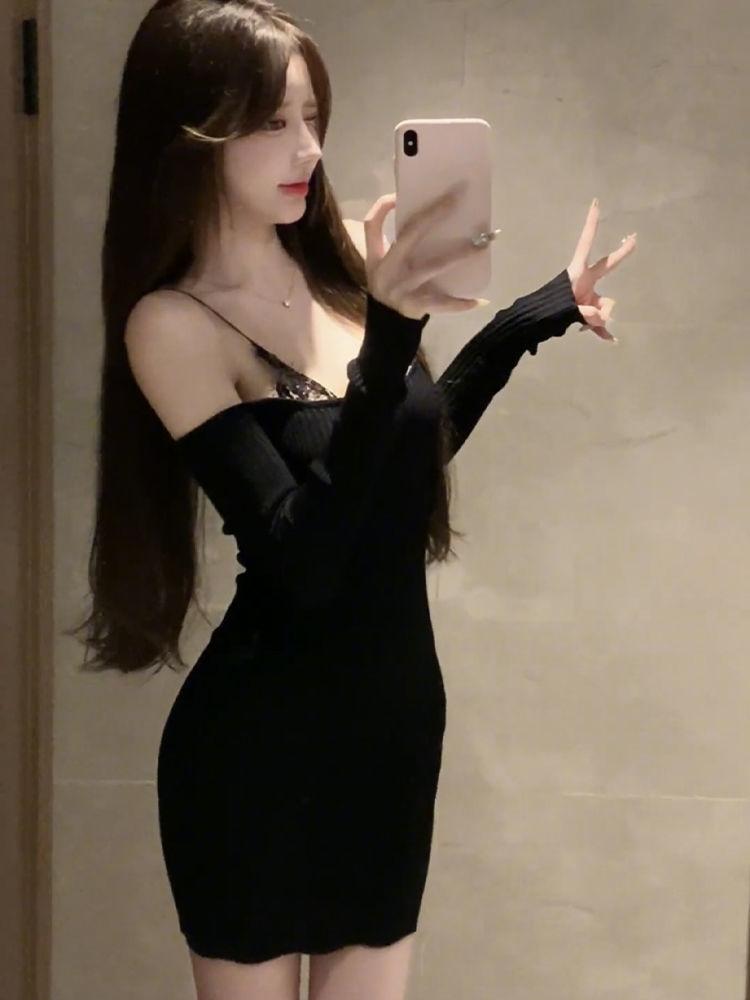 Black Sexy Off-Shoulder Long Sleeve One-Shoulder Dress Women's Autumn New Slim and Skinny Lace Suspender Hip Dress