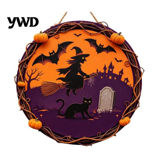 Farmhouse Door Hanger Vintage Wooden Halloween Welcome Hanger, Pumpkin Ghost Skull Witch Wall Indoor Hanging Sign, Decor for Front Porch Decoration