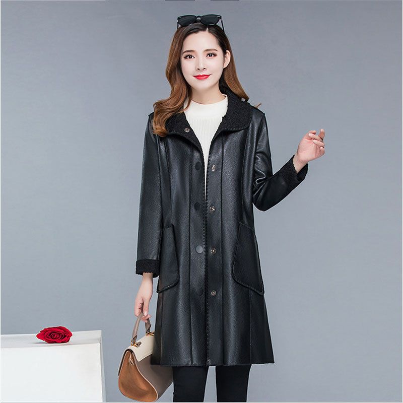 Outerwear Mid Length Leather Jacket, Plus Size Casual Button Style, Fur Integrated Mid Length Women's Jacket