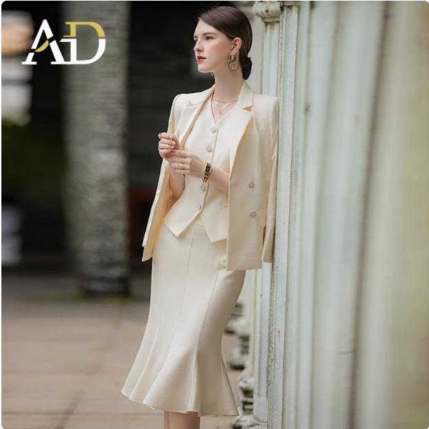 AD Women's High-End Light Beige Cinched Waist Suit: Spring 2025 Blazer & Vest Three-Piece Set