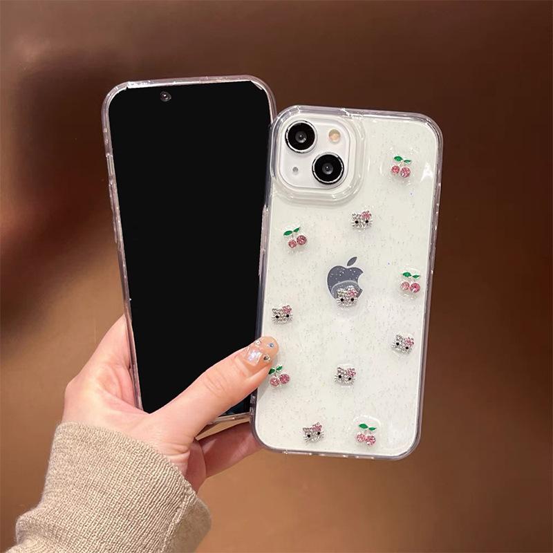 Abstract Kt cat cherry mobile phone case for Iphone17Promax glitter Apple 15Plus Epoxy 14 transparent