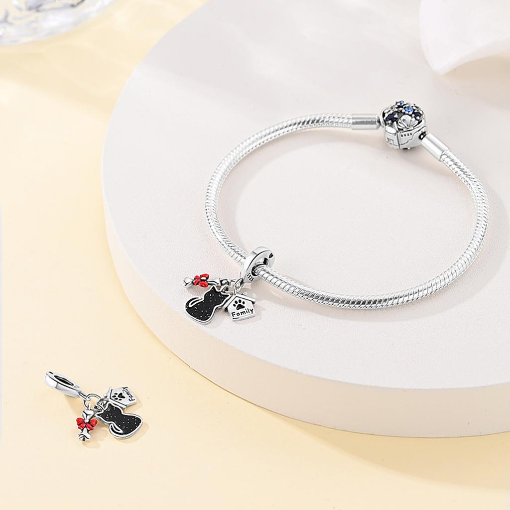Original Copper Charms Luxury Black Cat Pendant Bow Tie Beads Fit Bracelet Diy Women Making Delicate Gift