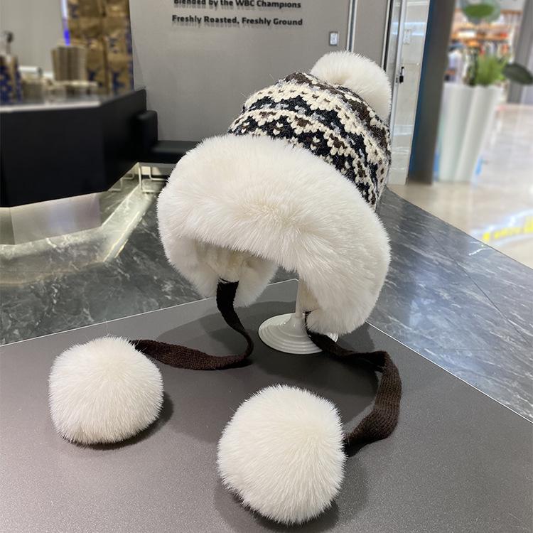 Women's Retro Ethnic Style Plush Knitted Hat – Warm, Thick, and Cold-Proof with Sweet Pompom and Ear Protection for Autumn & Winter