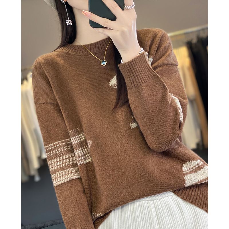 Dámský svetr s kulatým výstřihem Mamčin podzimní a zimní volný pletený svetr s barevnými bloky Top s dlouhým rukávem