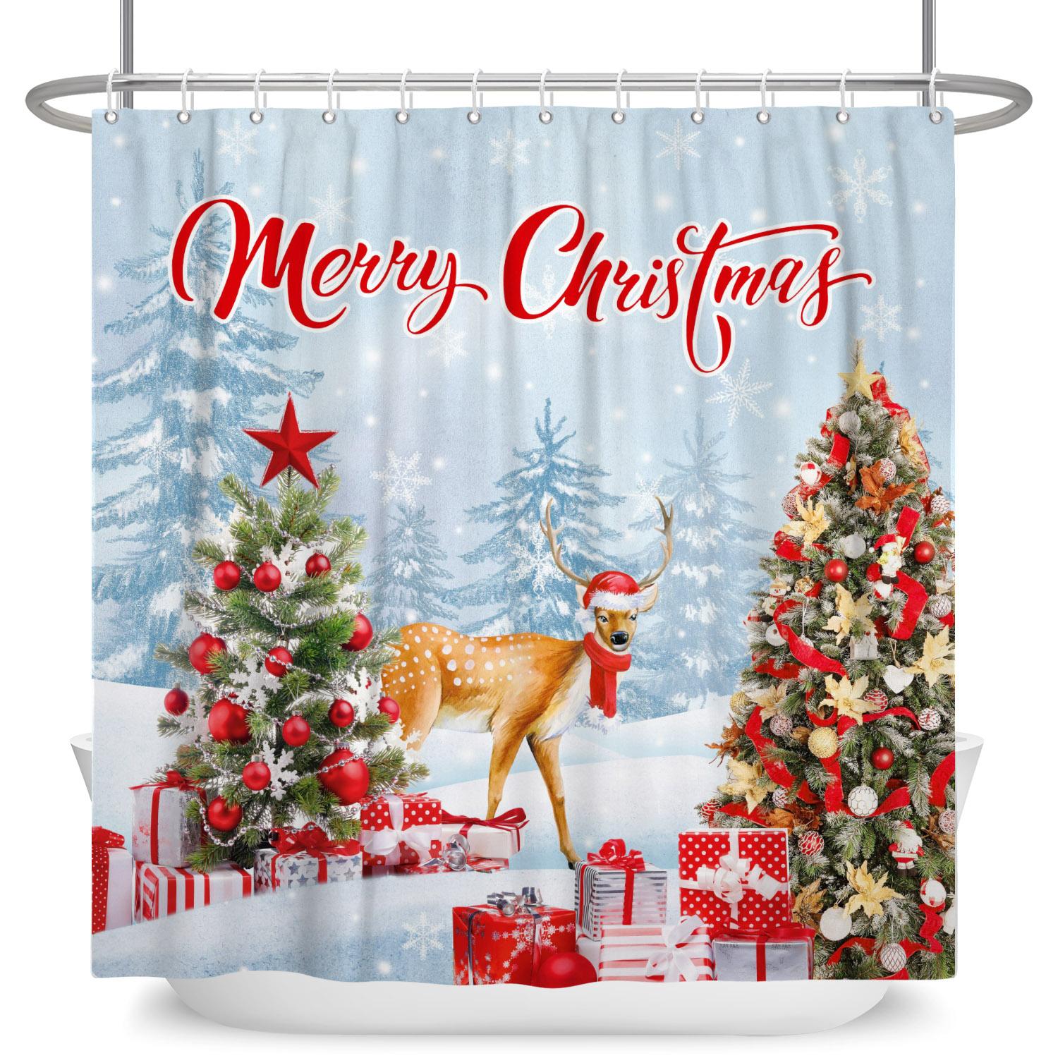 

2025 С Рождеством Христовым Занавески для душа Зимний Снеговик Пряничный домик Рождественские елки Камин Водонепроницаемая ширма для ванны с крючками 90x180cm