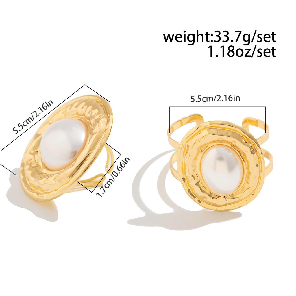 Ingemark 2Pcs/Set Exaggerated Circle Chunky Adjustable Open Cuff Bangles Imitation Pearl Rings for Women Grunge Jewelry Set Gift
