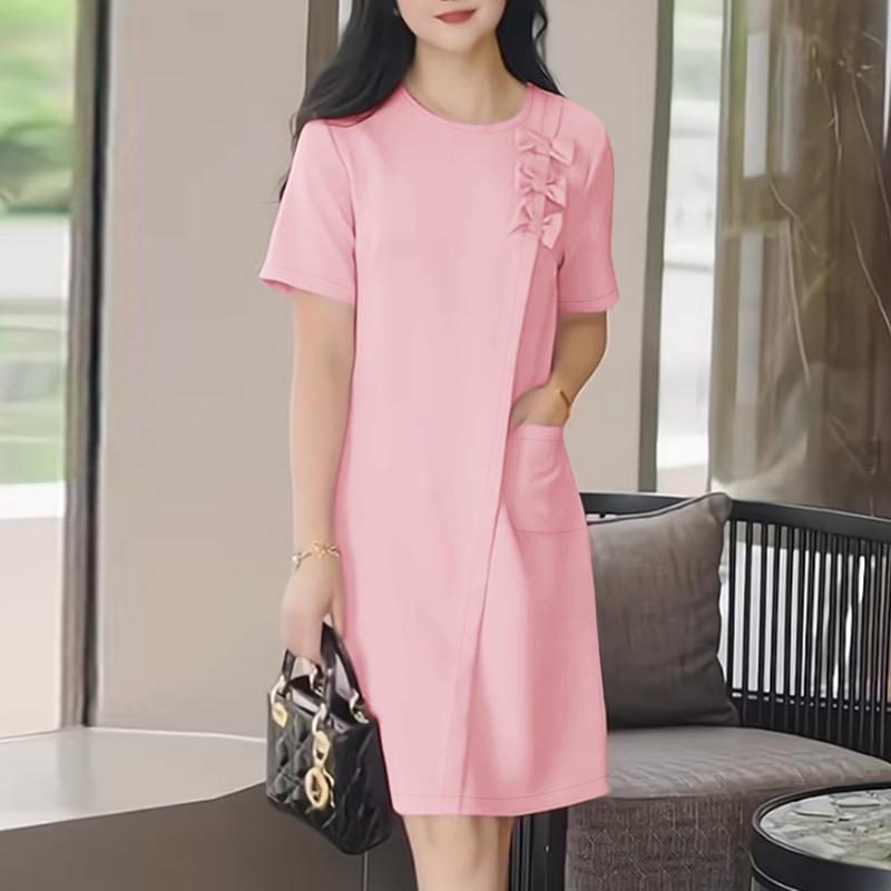 ZANZEA Women Bows Splice Summer Casual Round Neck Short Sleeve Dress M розовый