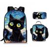 Starry Sky Oil Painting Animal 3D Print 3pcs/Set Pupil School Bags Laptop Daypack Backpack Crossbody Lunch Bag Pencil Case