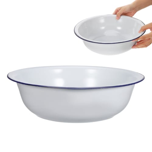 Healeved Vintage Enamel Wash Basin, Footbath, Multi-Purpose Enamel Wash Basin for Washing Face, Foot Bath, and Laundry, Blue Rim, White, 30 X 9 Cm