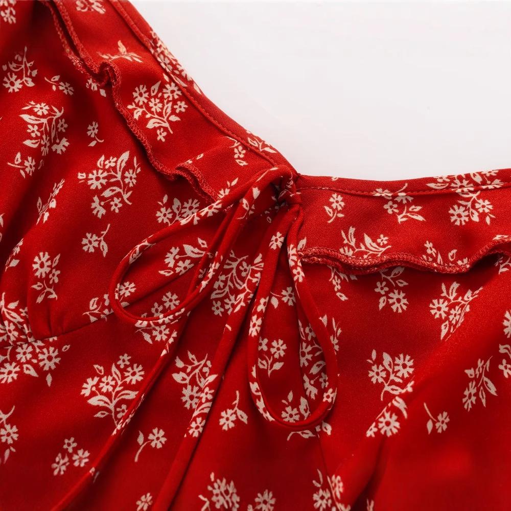 Summer New French Retro Red Floral Suspender Dress Small Man Waist Skinny Short Skirt