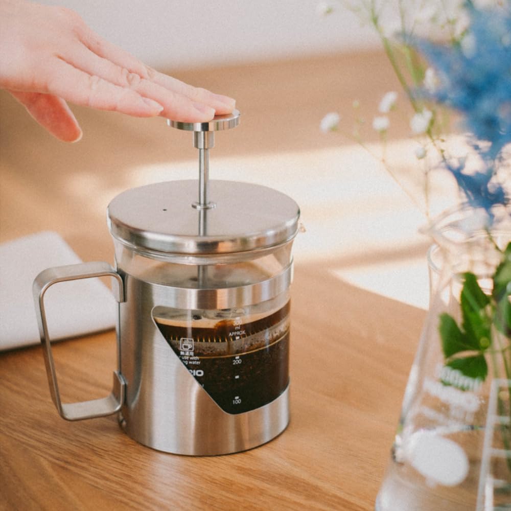 HARIO Hariol 7 Press Coffee Glass and Stainless 300ml Silver Maker, Heat-Resistant Steel, Capacity, (THSV-2-HSV)