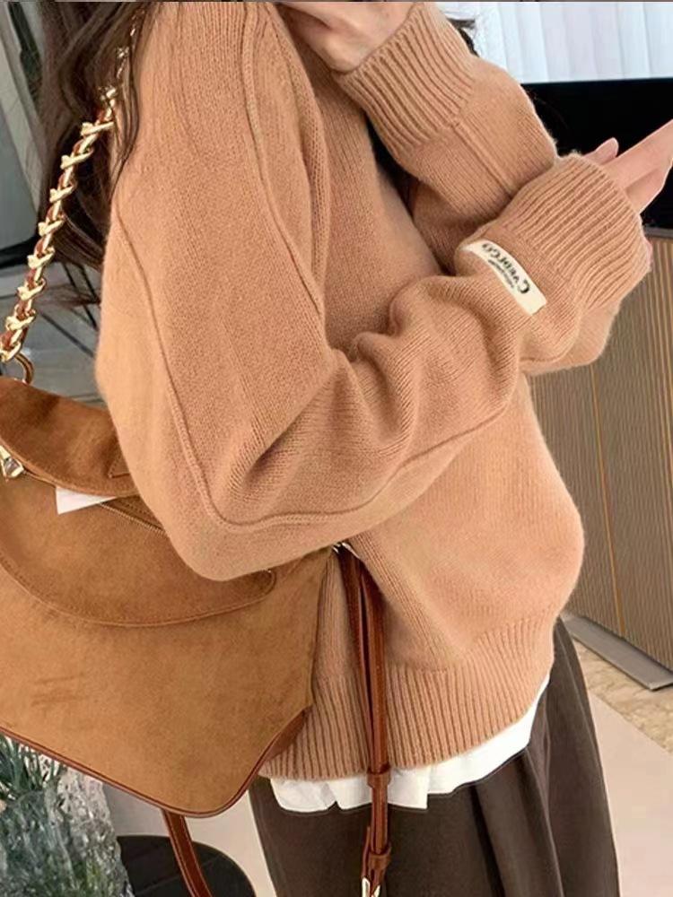 Design Pullover Knitted Sweater Top Autumn and Winter New Lazy Style Loose Versatile Soft Waxy Sweater Women