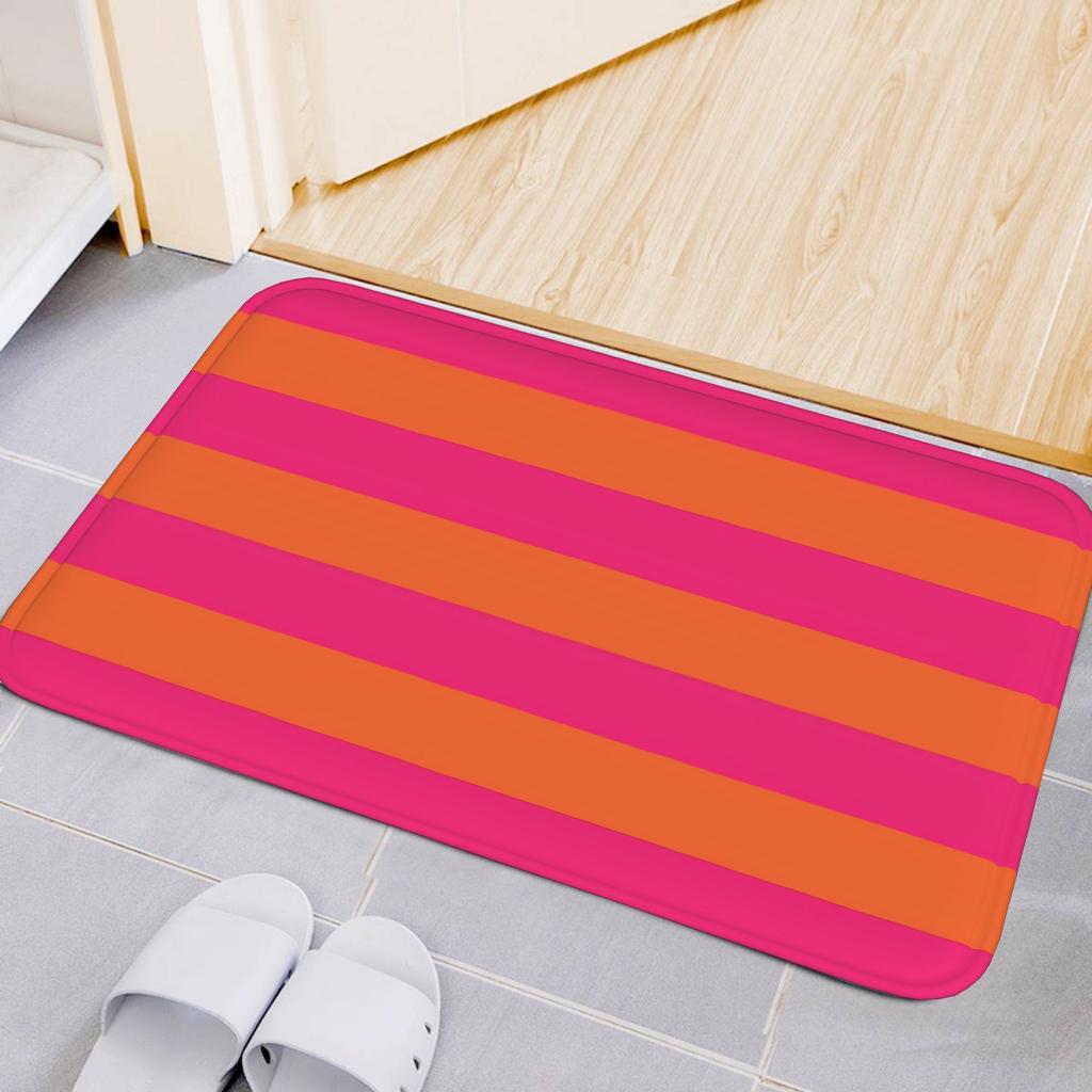 Orange Pop And Neon Pink Horizontal Stripes Motif Flannel Area Rug for Bedroom & Living RoomFloor Mat