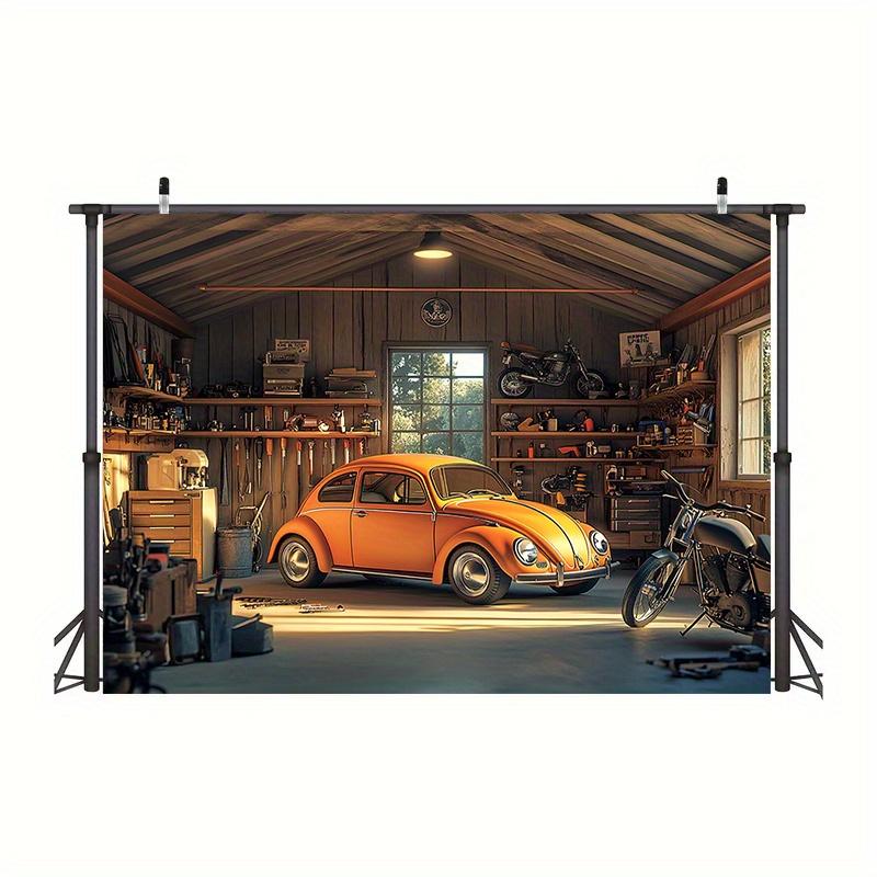 Un fond de garage lumineux avec des designs de voitures classiques et de motos - fabriqué en polyester résistant, décoration de garage