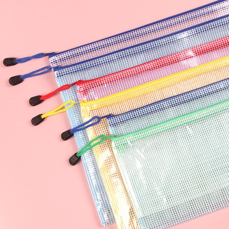 A4 Waterproof Mesh Zipper File Bag - Transparent, PVC, Handheld, Office & Student Stationery.