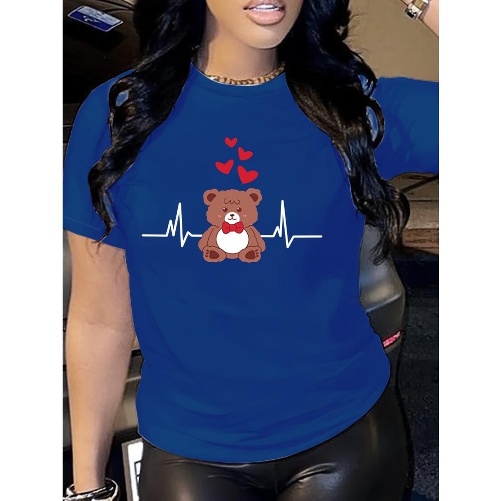 Teddy Bear Heartbeat Women's Tee - Cute Love Graphic, Casual Burgundy Top