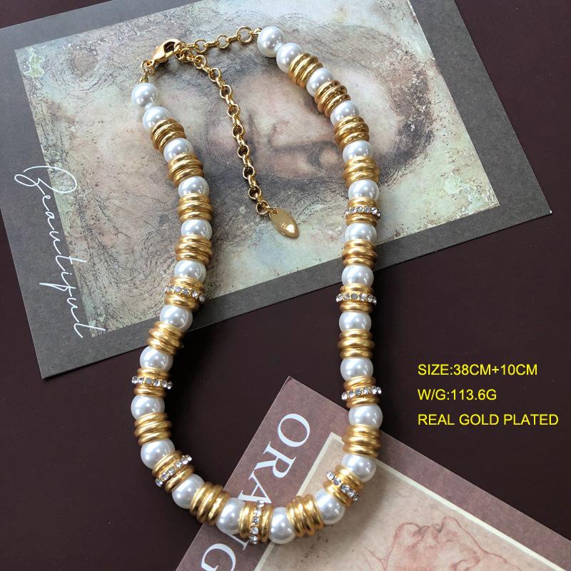 Средневековый Белый Барочный Жемчуг Драгоценный Камень Алмаз Позолоченное Настоящее Золото Туманное Золото Ожерелье Цепочка на Шею Цепочка для Свитера