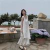 2026 new temperament beautiful vest long dress white irregular hem mesh splicing sleeveless dress women's summer