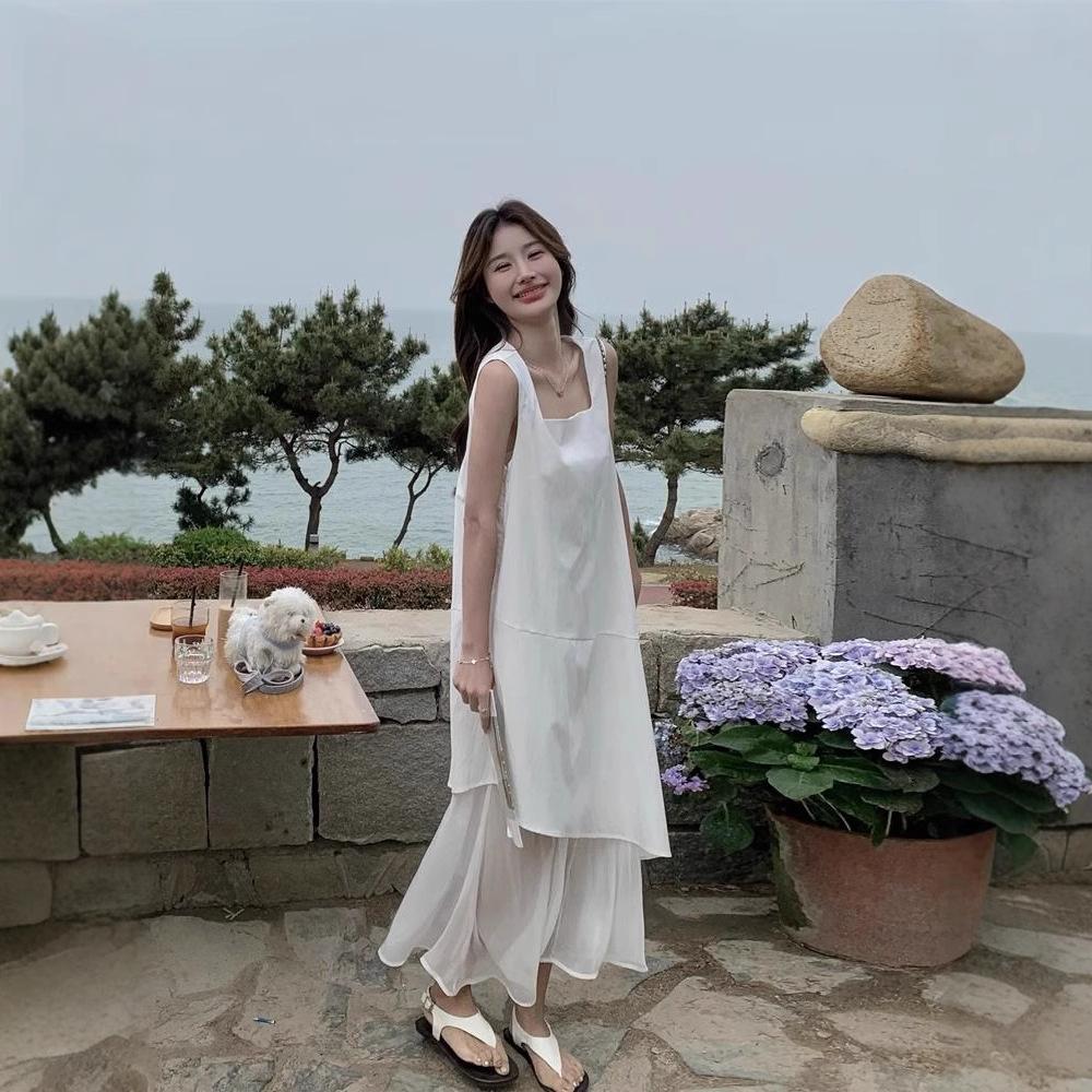 2026 new temperament beautiful vest long dress white irregular hem mesh splicing sleeveless dress women's summer
