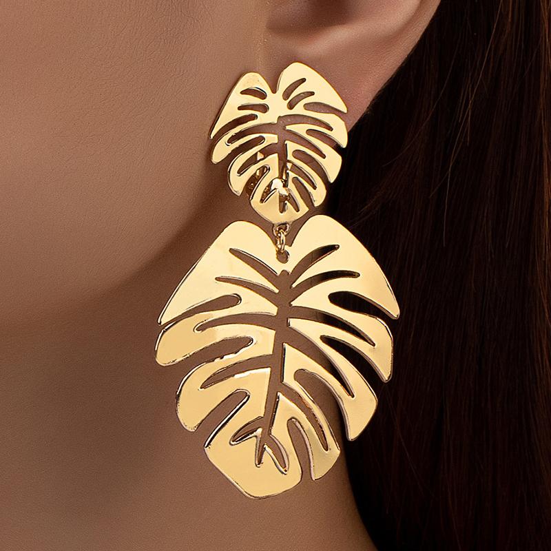 Trendy Metal Leaf Dangle Earrings for Women Small Big Double Layer Hollow Out Leaves Drop Earrings Party Retro Bohemian Jewelry
