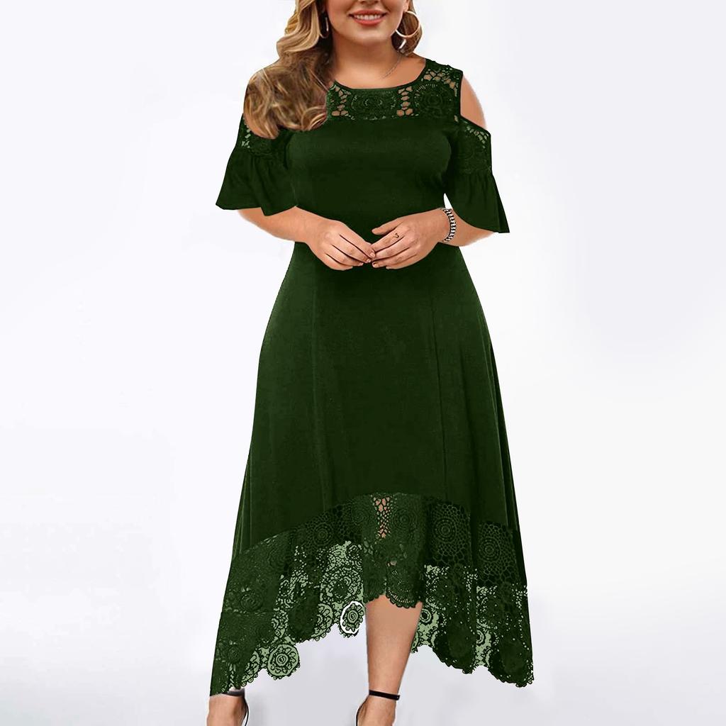 Fashion Womens Lace Stitching Ruffle Short-Sleeved Strapless Sheath Dress