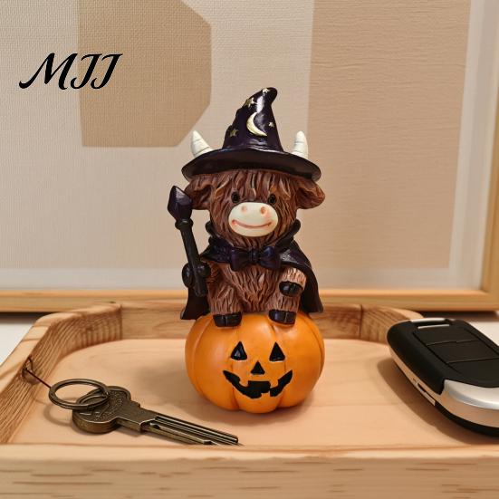 Fall Seasonal Displays 2Pcs Halloween Highland Cow Witch Ornament, Resin Figurine with Hat Pumpkin Broom Rustic Home Decorations & Skull, Cute