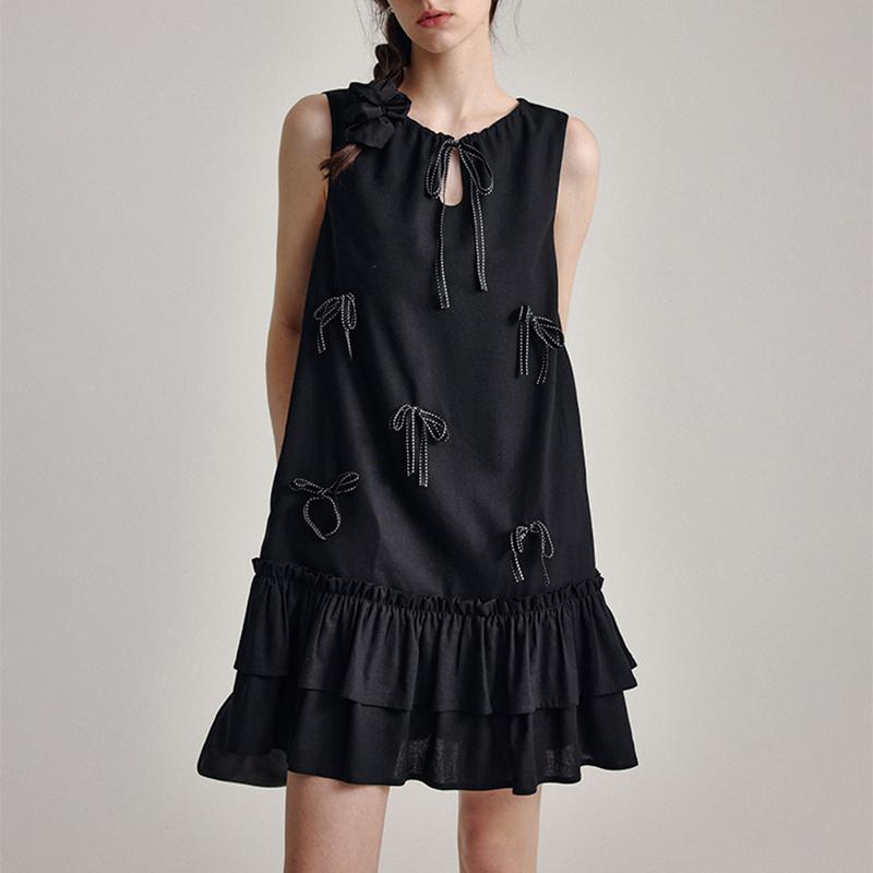 VONDA Summer Women Sleeveless Ruffled Bow Knot Casual Pleated Dress