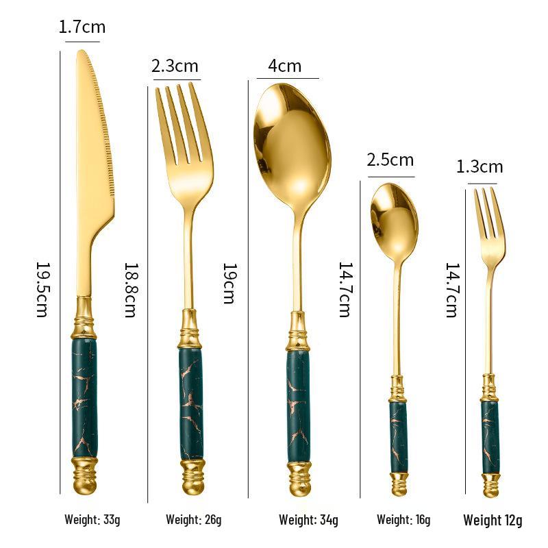 Emerald Marble Pattern 5-Piece Cutlery Set: Stainless Steel Knife, Fork, Spoon with Ceramic Handles