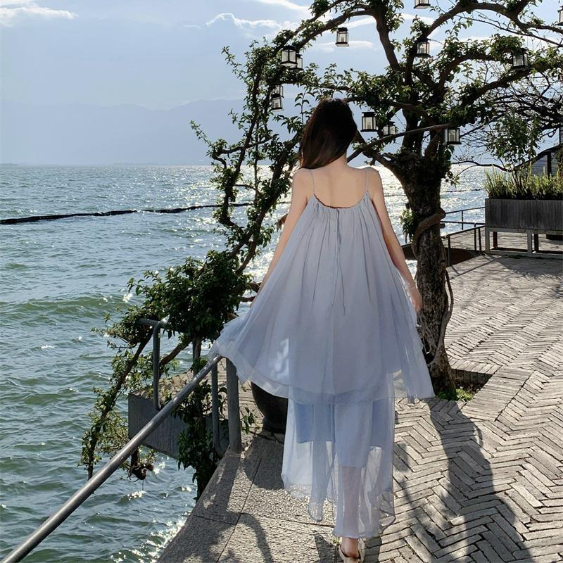 Irregular Blue Neck Top Suit for Women's Xia Xin To Take Pictures and Wear A Beach Skirt for Seaside Vacation