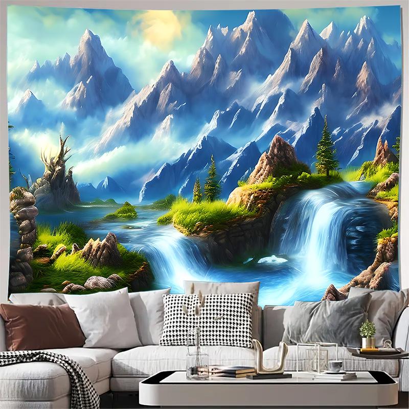 Fantasy Mountain Waterfall River Landscape Wall Tapestry Machine Washable All Season Decor Art Print Nature Design Homenontoxic