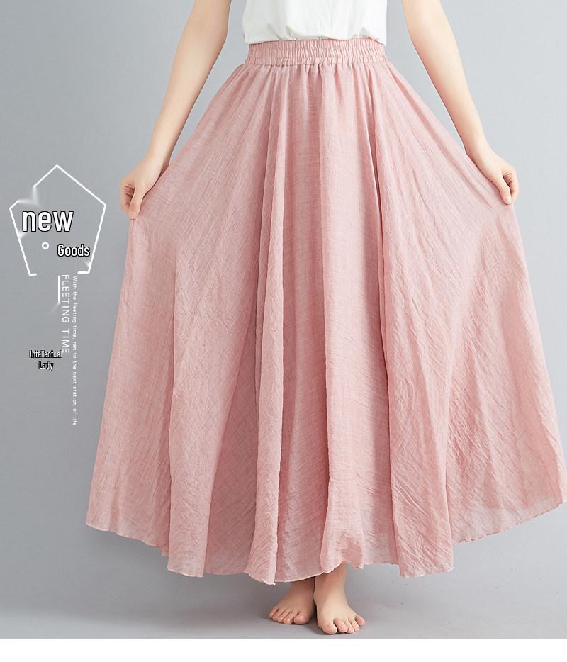 Women's Plus Size Cotton Linen Midi A-Line Skirt with Elastic Waist In 20 Colors